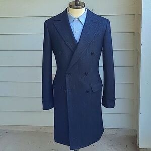 SUITSUPPLY Dark Blue Grey Herringbone Wool Camel Silk DB 38 L Mens Coat Overcoat